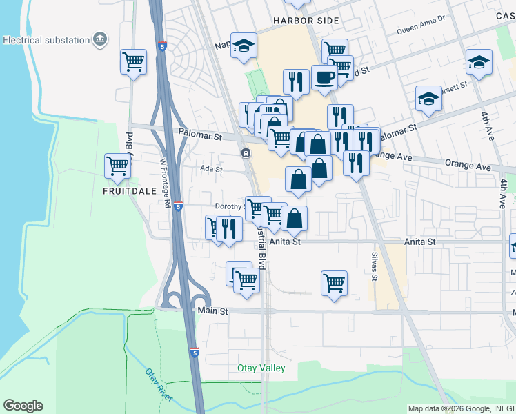 map of restaurants, bars, coffee shops, grocery stores, and more near Industrial Boulevard & Dorothy Street in Chula Vista