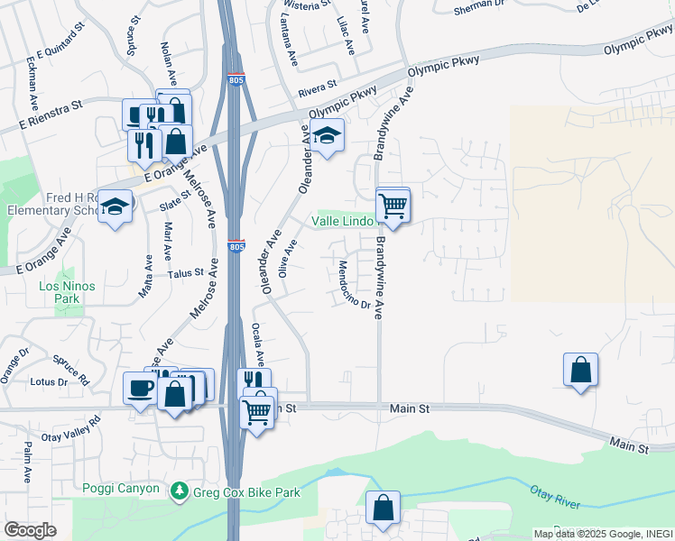 map of restaurants, bars, coffee shops, grocery stores, and more near 1575 Mendocino Drive in Chula Vista