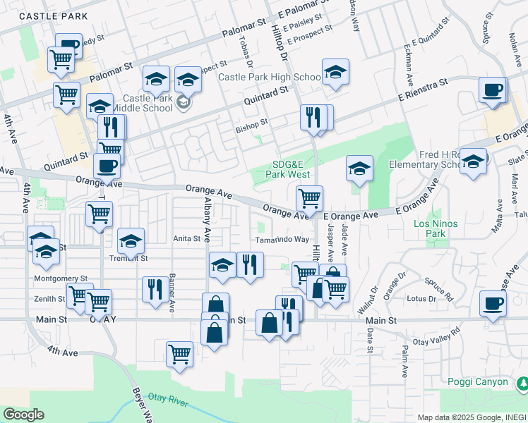 map of restaurants, bars, coffee shops, grocery stores, and more near 1483 Kim Place in Chula Vista