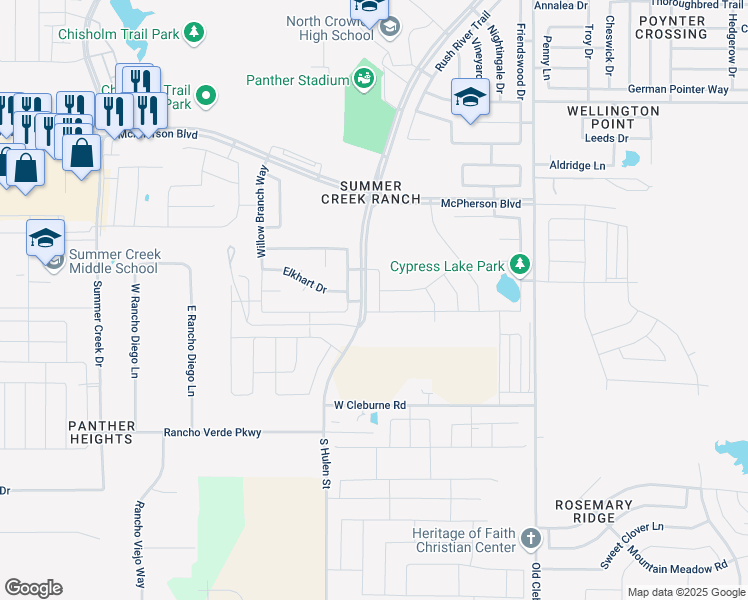 map of restaurants, bars, coffee shops, grocery stores, and more near 9732 Snowbell Lane in Crowley