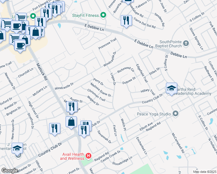 map of restaurants, bars, coffee shops, grocery stores, and more near 2103 Perry Drive in Mansfield