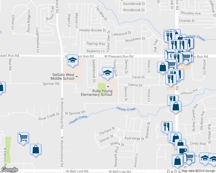 map of restaurants, bars, coffee shops, grocery stores, and more near 707 Young Boulevard in DeSoto