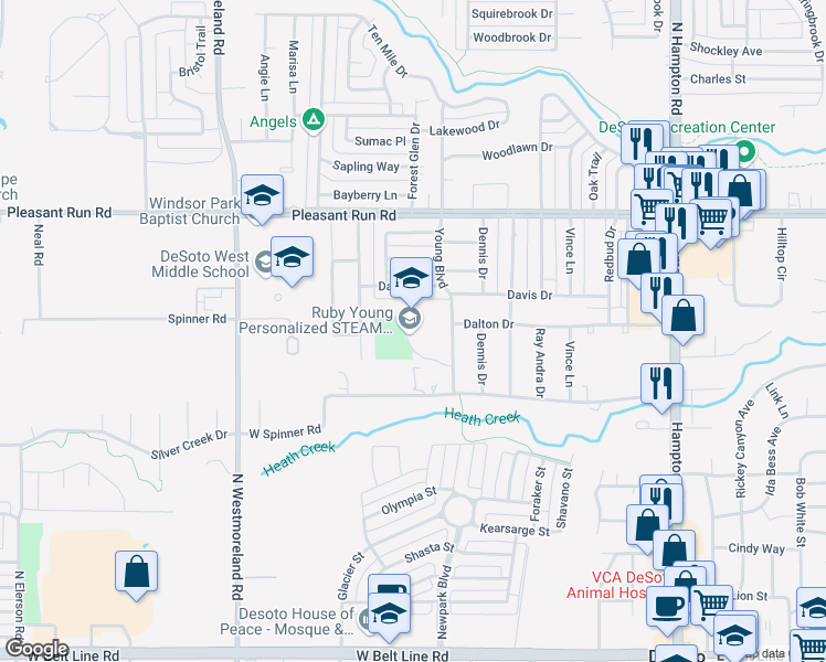 map of restaurants, bars, coffee shops, grocery stores, and more near 707 Young Boulevard in DeSoto