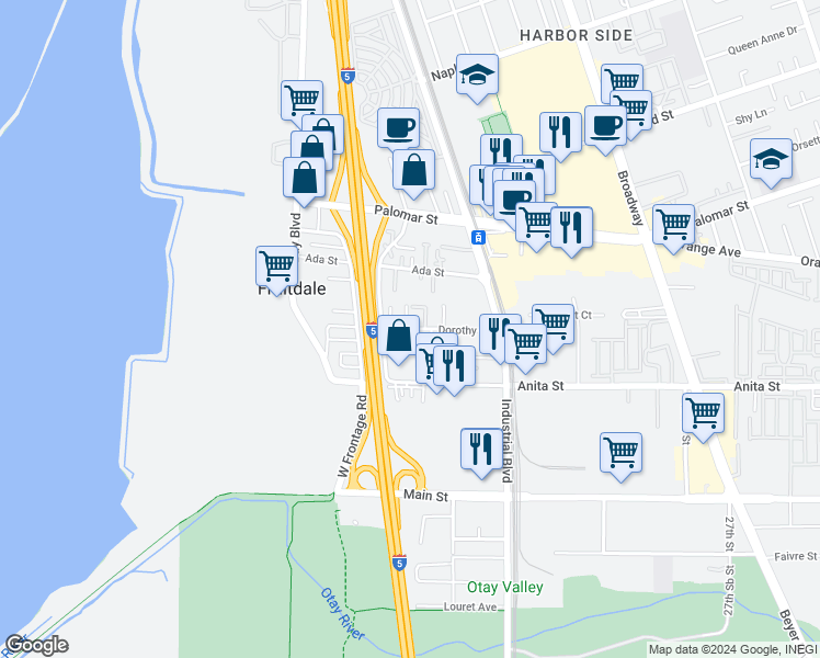 map of restaurants, bars, coffee shops, grocery stores, and more near Dorothy Street in Chula Vista