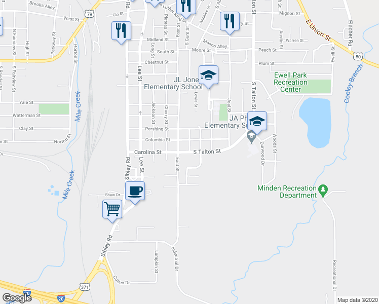 map of restaurants, bars, coffee shops, grocery stores, and more near Young Street in Minden