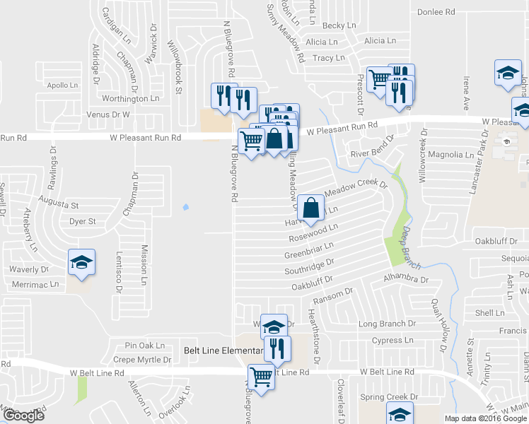 map of restaurants, bars, coffee shops, grocery stores, and more near 1334 Meadow Creek Drive in Lancaster