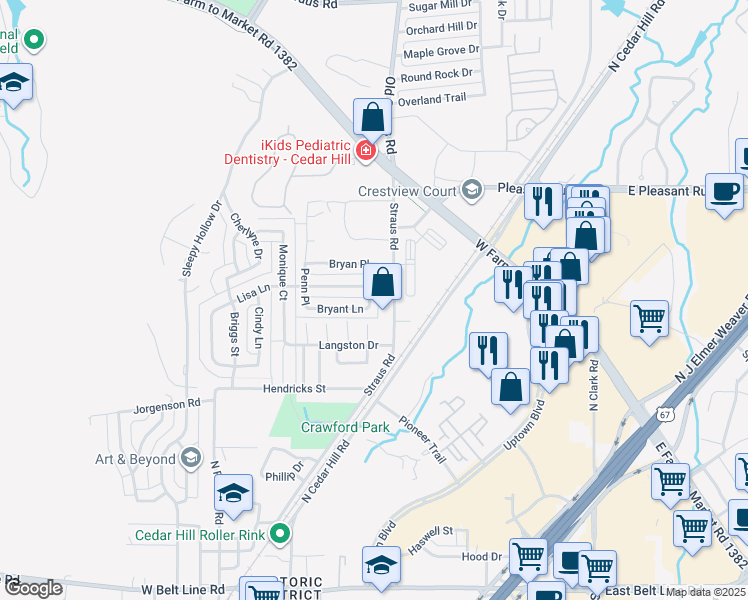 map of restaurants, bars, coffee shops, grocery stores, and more near 302 Lisa Lane in Cedar Hill