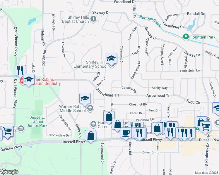 map of restaurants, bars, coffee shops, grocery stores, and more near 101 Avon Place in Warner Robins