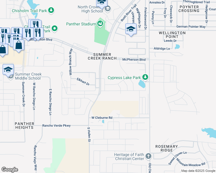 map of restaurants, bars, coffee shops, grocery stores, and more near 9732 Snowbell Lane in Fort Worth