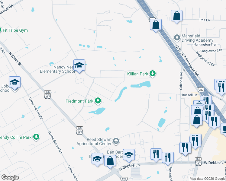 map of restaurants, bars, coffee shops, grocery stores, and more near 1103 Sunland Court in Mansfield