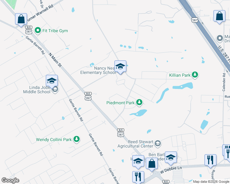map of restaurants, bars, coffee shops, grocery stores, and more near 1502 Piedmont Drive in Mansfield