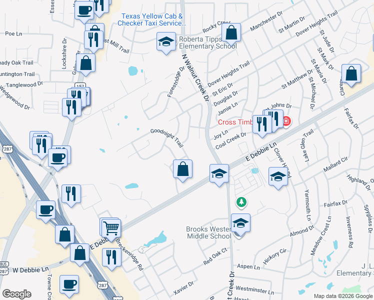 map of restaurants, bars, coffee shops, grocery stores, and more near 2502 Goodnight Trail in Mansfield