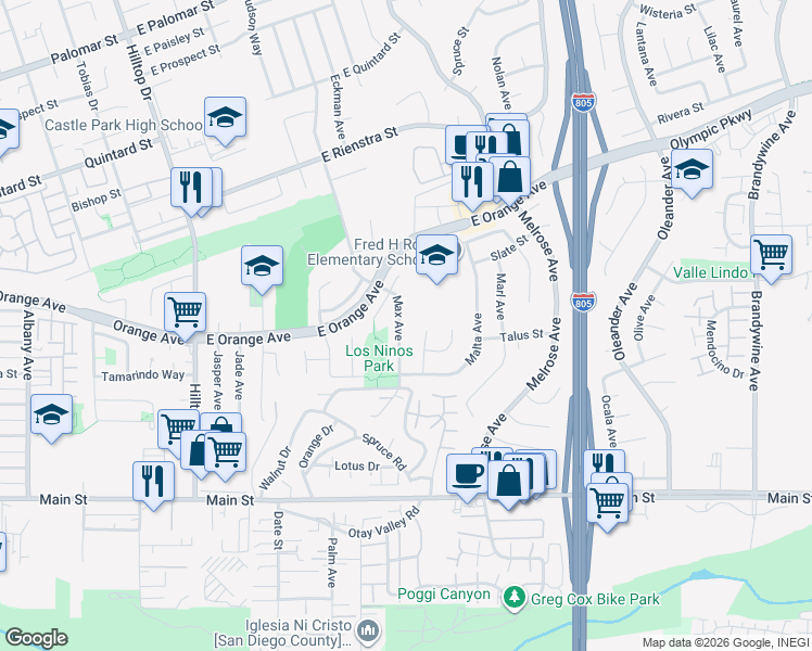 map of restaurants, bars, coffee shops, grocery stores, and more near 1574 Max Avenue in Chula Vista