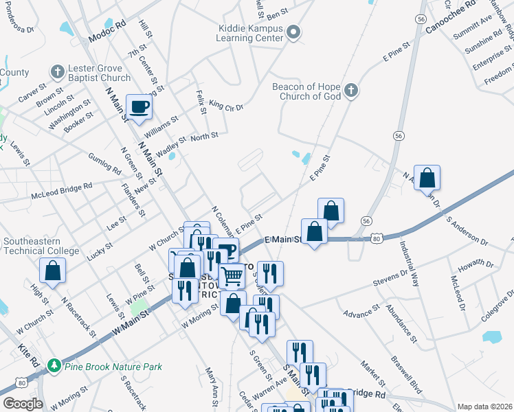 map of restaurants, bars, coffee shops, grocery stores, and more near East Street in Swainsboro