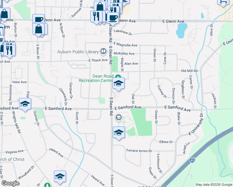map of restaurants, bars, coffee shops, grocery stores, and more near 335 South Dean Road in Auburn