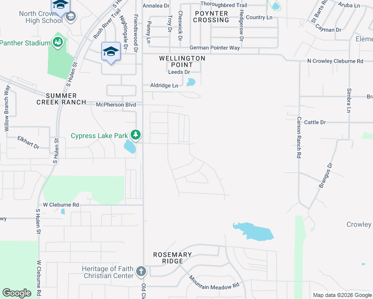 map of restaurants, bars, coffee shops, grocery stores, and more near 9715-9757 West Cleburne Road in Crowley