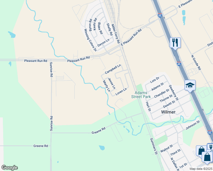 map of restaurants, bars, coffee shops, grocery stores, and more near Marty Lane in Wilmer