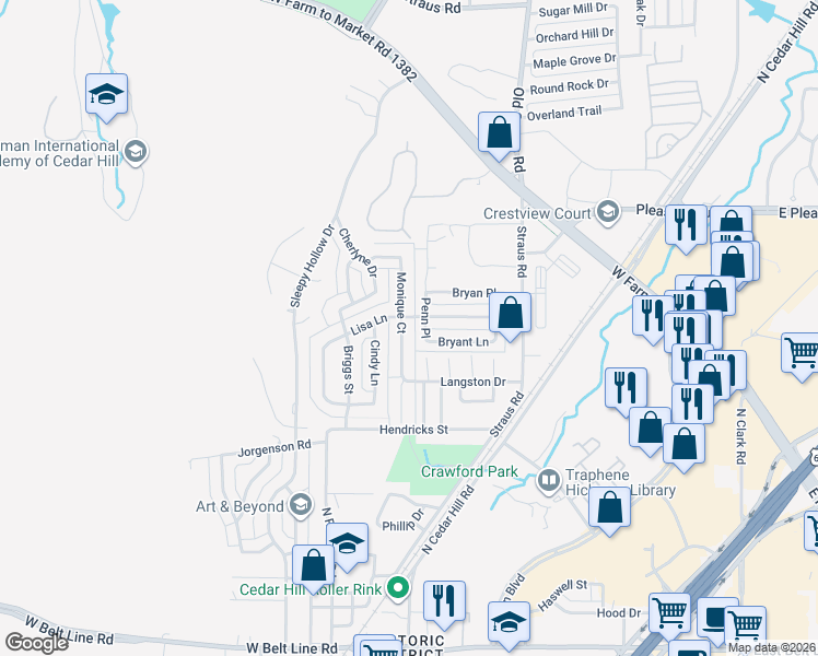 map of restaurants, bars, coffee shops, grocery stores, and more near 752 Monique Place in Cedar Hill