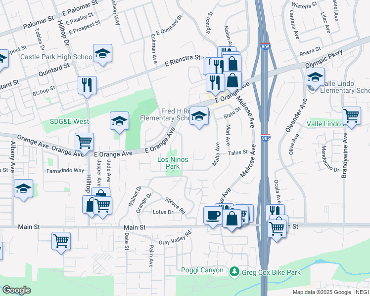 map of restaurants, bars, coffee shops, grocery stores, and more near 1574 Max Avenue in Chula Vista