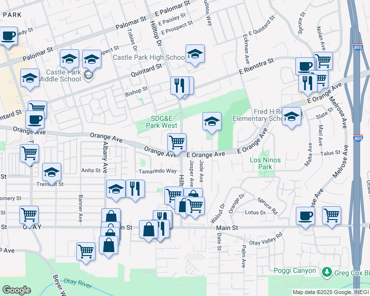 map of restaurants, bars, coffee shops, grocery stores, and more near 1465 Hilltop Drive in Chula Vista