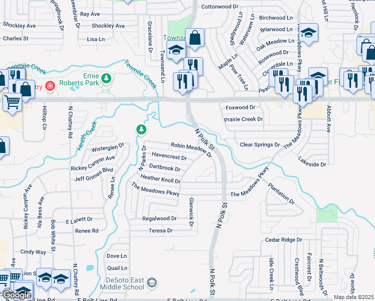 map of restaurants, bars, coffee shops, grocery stores, and more near 741 Robin Meadow Drive in DeSoto