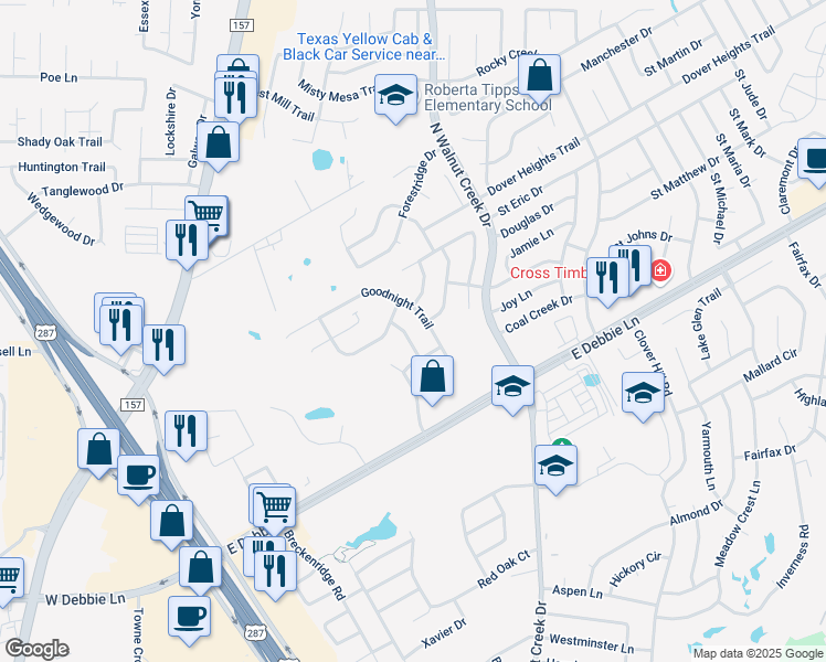 map of restaurants, bars, coffee shops, grocery stores, and more near 2511 Goodnight Trail in Mansfield