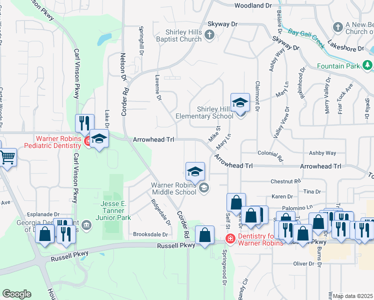 map of restaurants, bars, coffee shops, grocery stores, and more near 106 Victor Road in Warner Robins