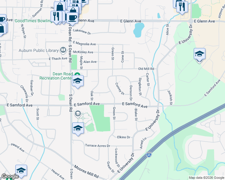 map of restaurants, bars, coffee shops, grocery stores, and more near 247 Green Street in Auburn