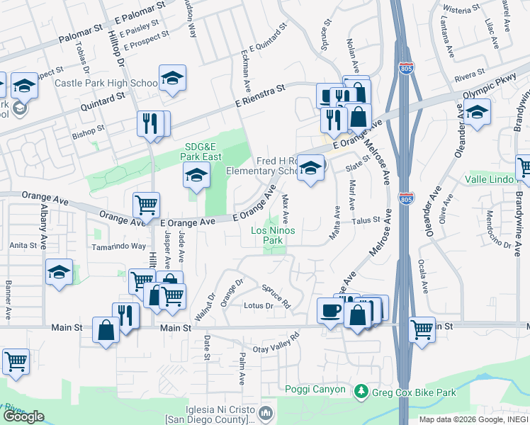 map of restaurants, bars, coffee shops, grocery stores, and more near 131 Rainier Court in Chula Vista