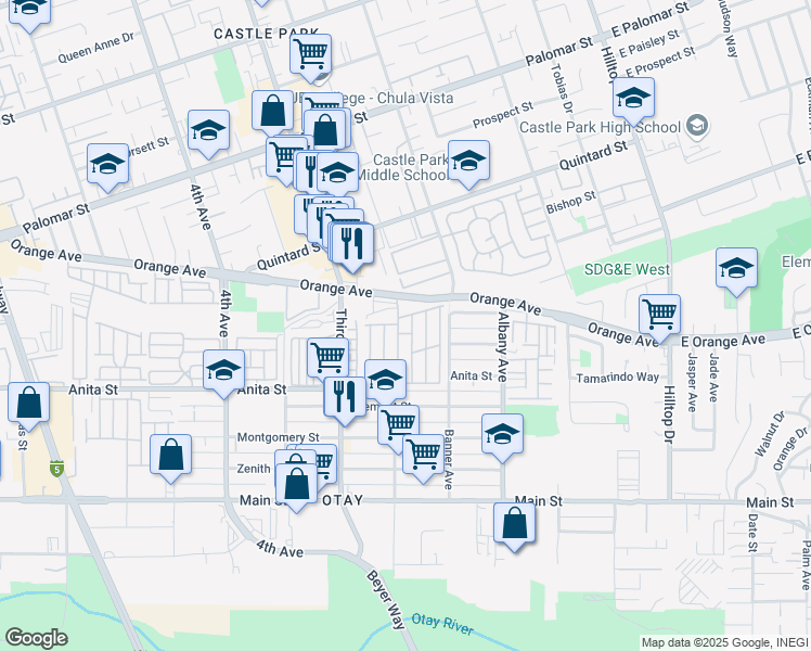 map of restaurants, bars, coffee shops, grocery stores, and more near 275 Orange Avenue in Chula Vista