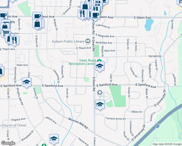 map of restaurants, bars, coffee shops, grocery stores, and more near 328 South Dean Road in Auburn