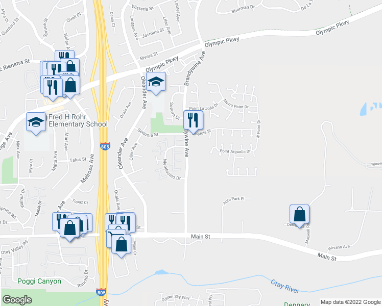 map of restaurants, bars, coffee shops, grocery stores, and more near 1665 Brandywine Avenue in Chula Vista