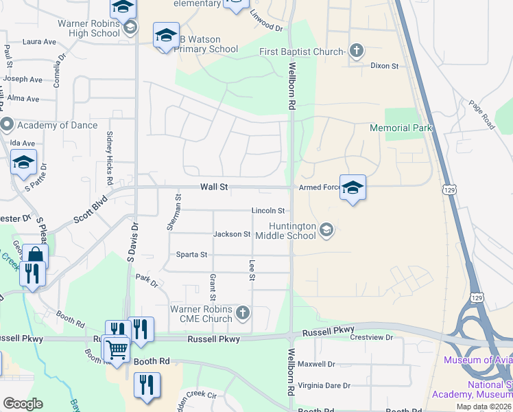 map of restaurants, bars, coffee shops, grocery stores, and more near 114 Lincoln Street in Warner Robins