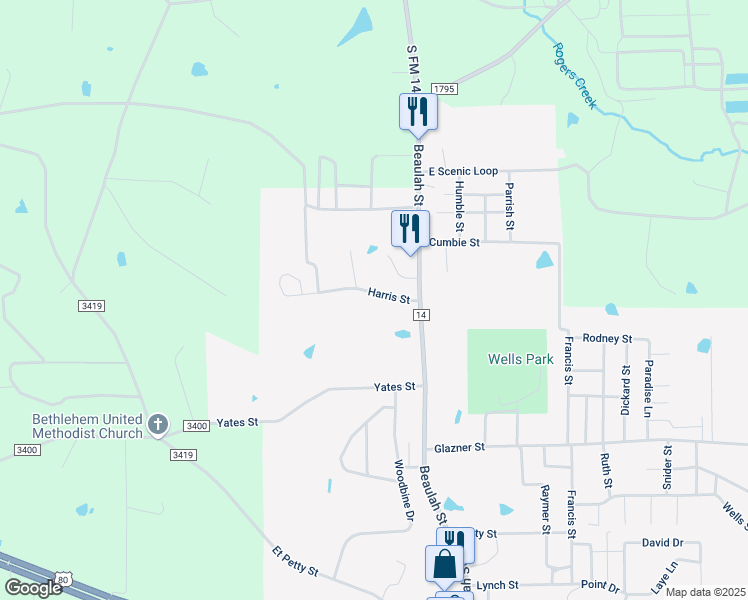 map of restaurants, bars, coffee shops, grocery stores, and more near 211 Harris Street in Hawkins