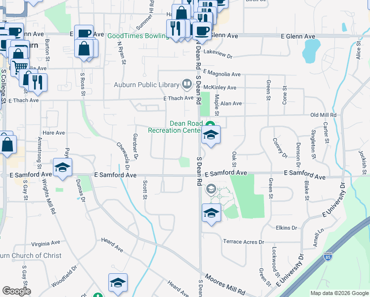 map of restaurants, bars, coffee shops, grocery stores, and more near 328 South Dean Road in Auburn