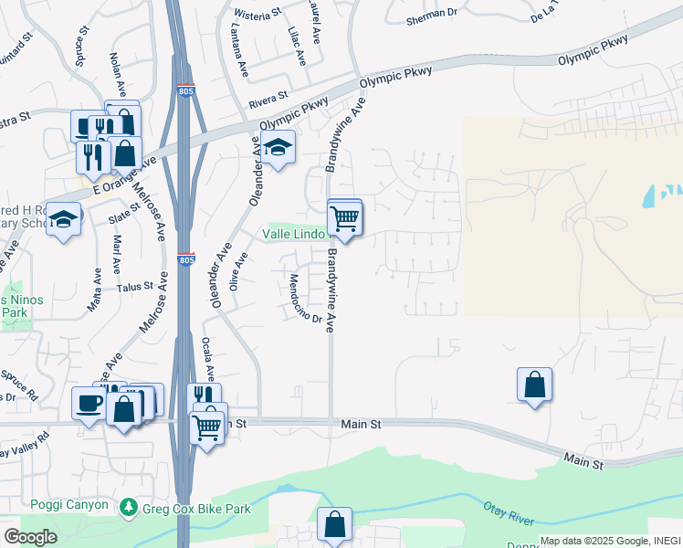 map of restaurants, bars, coffee shops, grocery stores, and more near 1665 Brandywine Avenue in Chula Vista