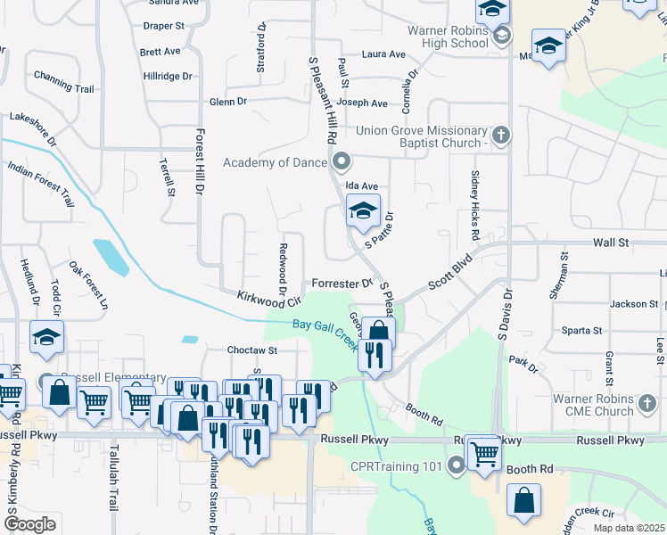 map of restaurants, bars, coffee shops, grocery stores, and more near 129 Garland Terrace in Warner Robins