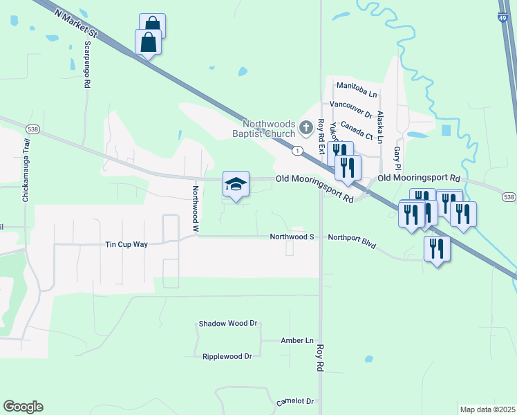 map of restaurants, bars, coffee shops, grocery stores, and more near 5939 Old Mooringsport Road in Shreveport