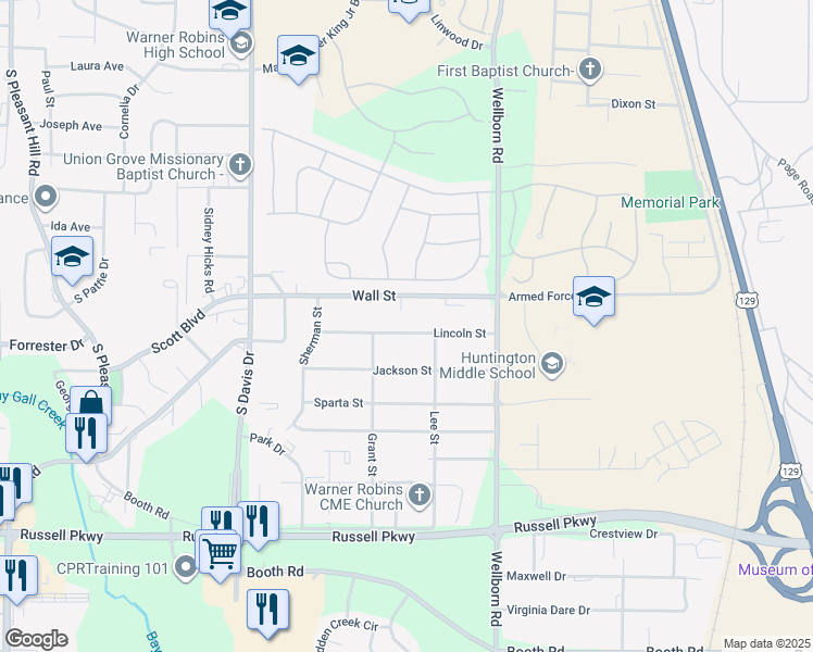 map of restaurants, bars, coffee shops, grocery stores, and more near 126 Lincoln Street in Warner Robins