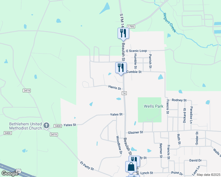 map of restaurants, bars, coffee shops, grocery stores, and more near 211 Harris Street in Hawkins
