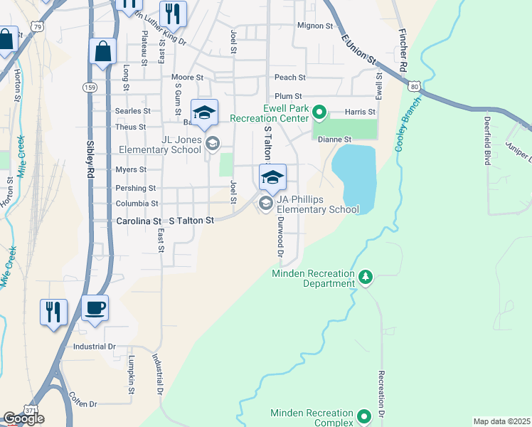 map of restaurants, bars, coffee shops, grocery stores, and more near 811 Durwood Drive in Minden