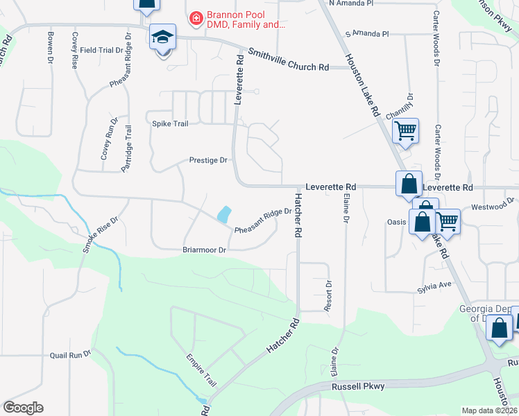 map of restaurants, bars, coffee shops, grocery stores, and more near 717 Pheasant Ridge Drive in Warner Robins