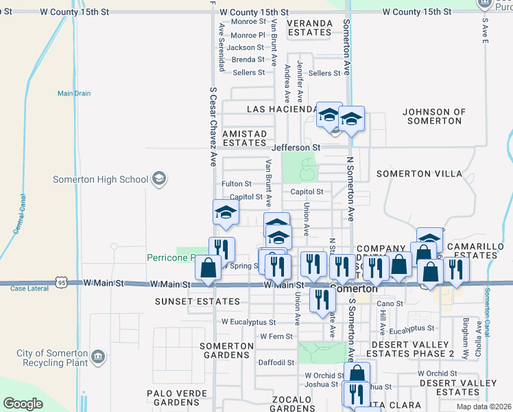 map of restaurants, bars, coffee shops, grocery stores, and more near 621-691 W Capitol St in Somerton