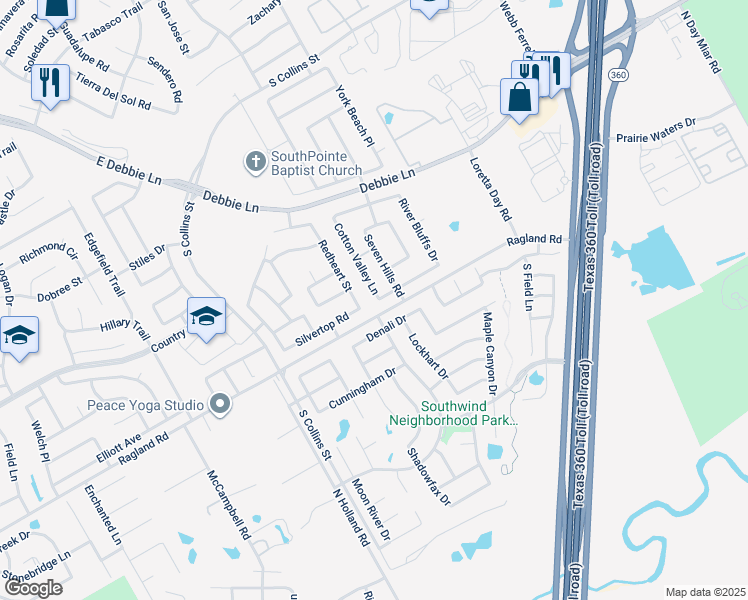 map of restaurants, bars, coffee shops, grocery stores, and more near 8440 Cotton Valley Lane in Arlington
