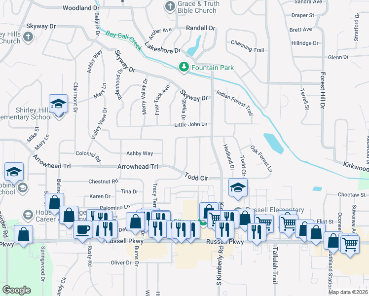 map of restaurants, bars, coffee shops, grocery stores, and more near 415 Tracy Terrace in Warner Robins