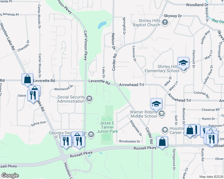 map of restaurants, bars, coffee shops, grocery stores, and more near 113 Rolling Woods Circle in Warner Robins