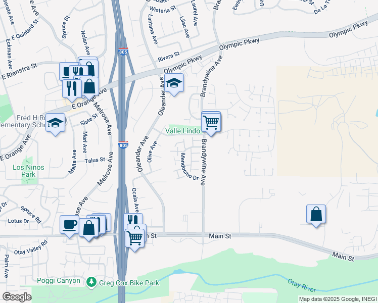 map of restaurants, bars, coffee shops, grocery stores, and more near 1555 Mendocino Drive in Chula Vista