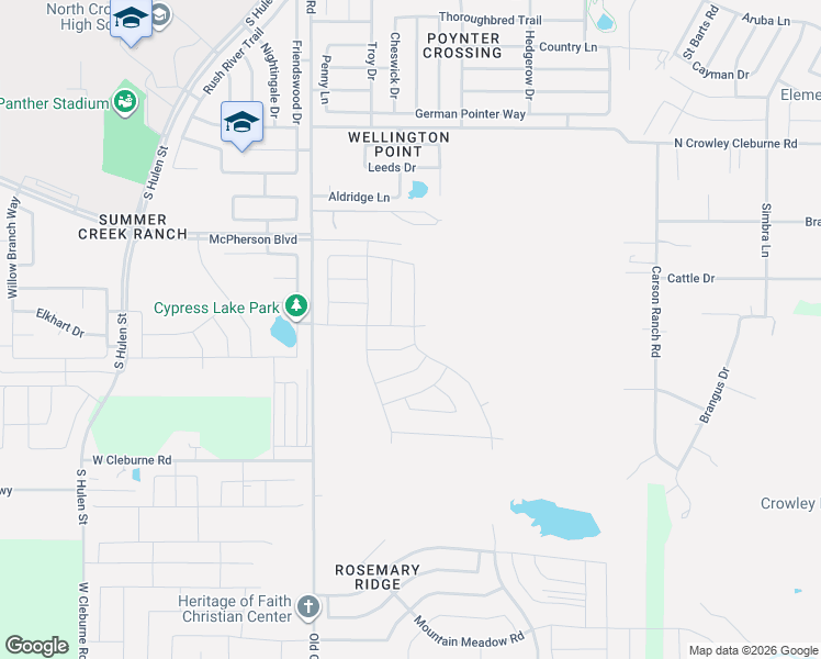 map of restaurants, bars, coffee shops, grocery stores, and more near 9715-9757 West Cleburne Road in Crowley