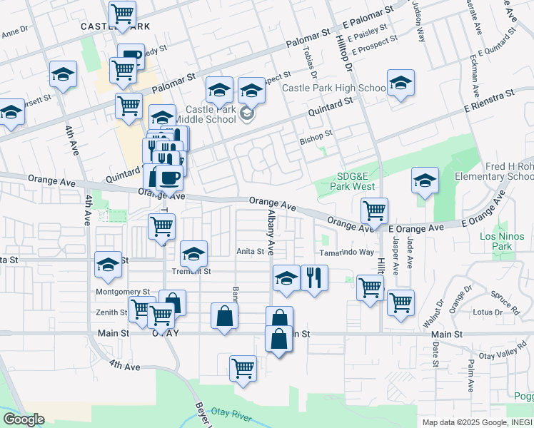 map of restaurants, bars, coffee shops, grocery stores, and more near 155 Bethune Way in Chula Vista
