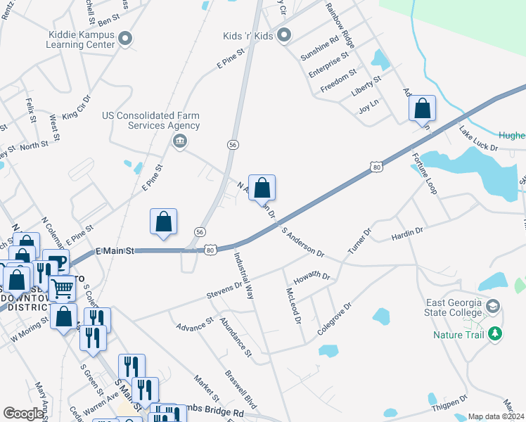 map of restaurants, bars, coffee shops, grocery stores, and more near 105 North Anderson Drive in Swainsboro